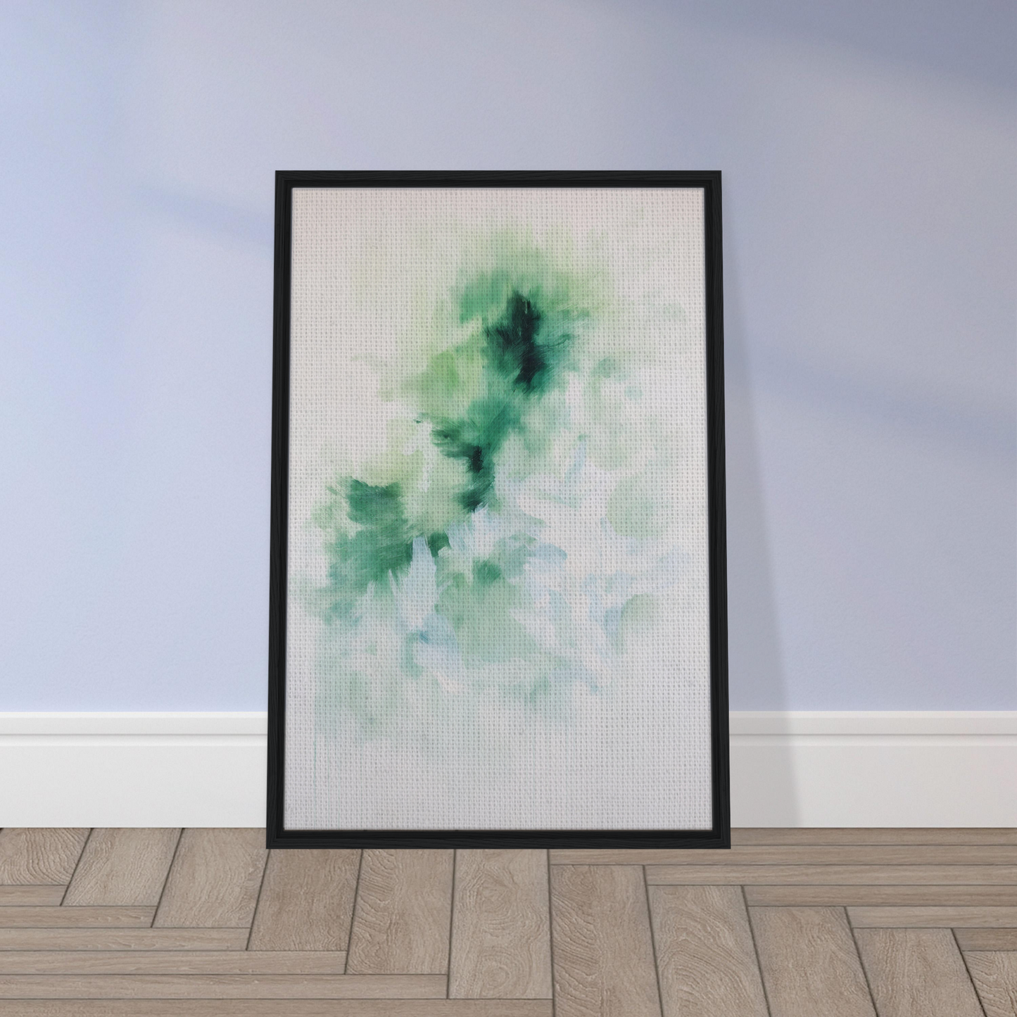 Framed abstract watercolor painting in green hues, Genius Green Whirl canvas wall art