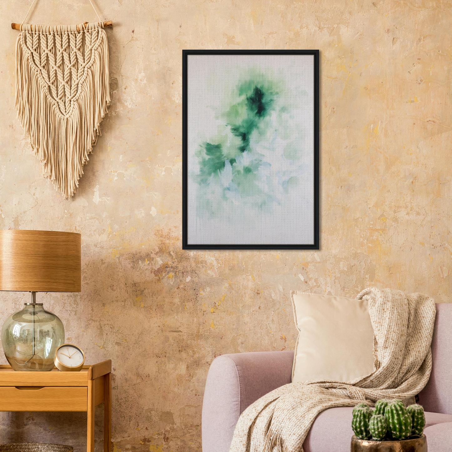 Framed abstract watercolor painting in green tones, Genius Green Whirl canvas wall art