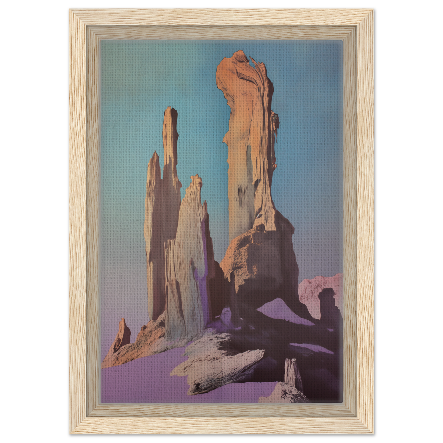 Painting of towering rock formations in a warm desert landscape for Geological Dream Quest