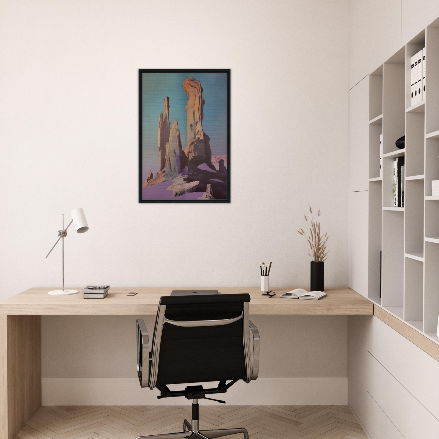 Minimalist home office workspace featuring Geological Dream Quest framed artwork