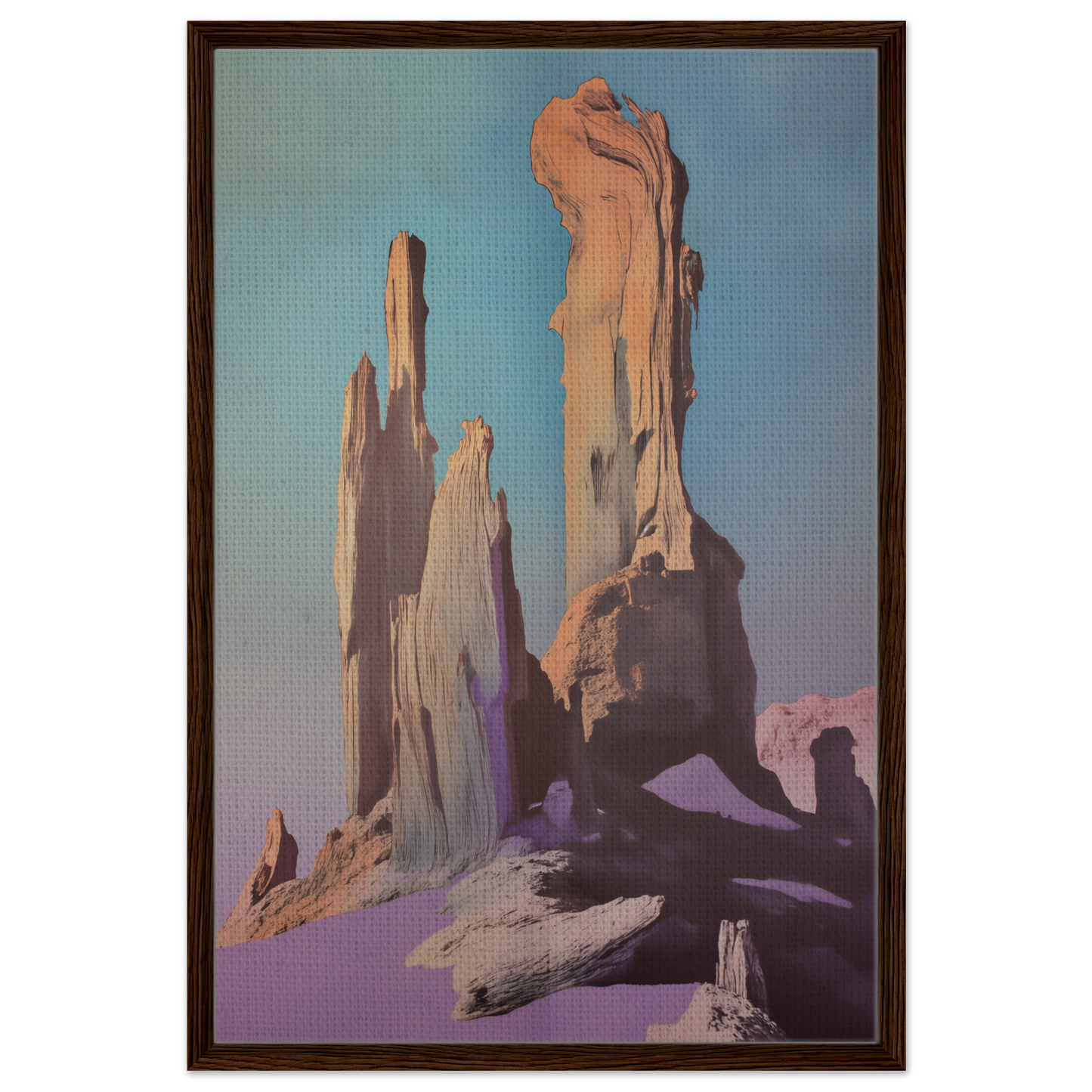 Towering rock formations with spires featured in Geological Dream Quest framed canvas print