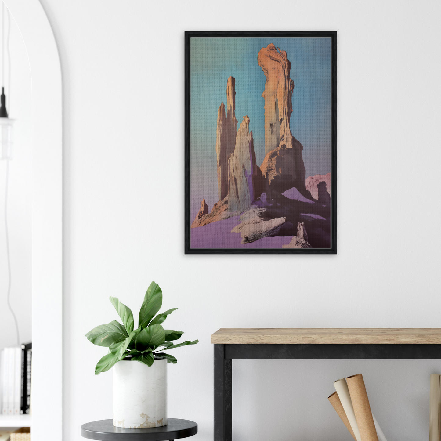 Framed artwork of tall rocky desert formations for Geological Dream Quest room decor