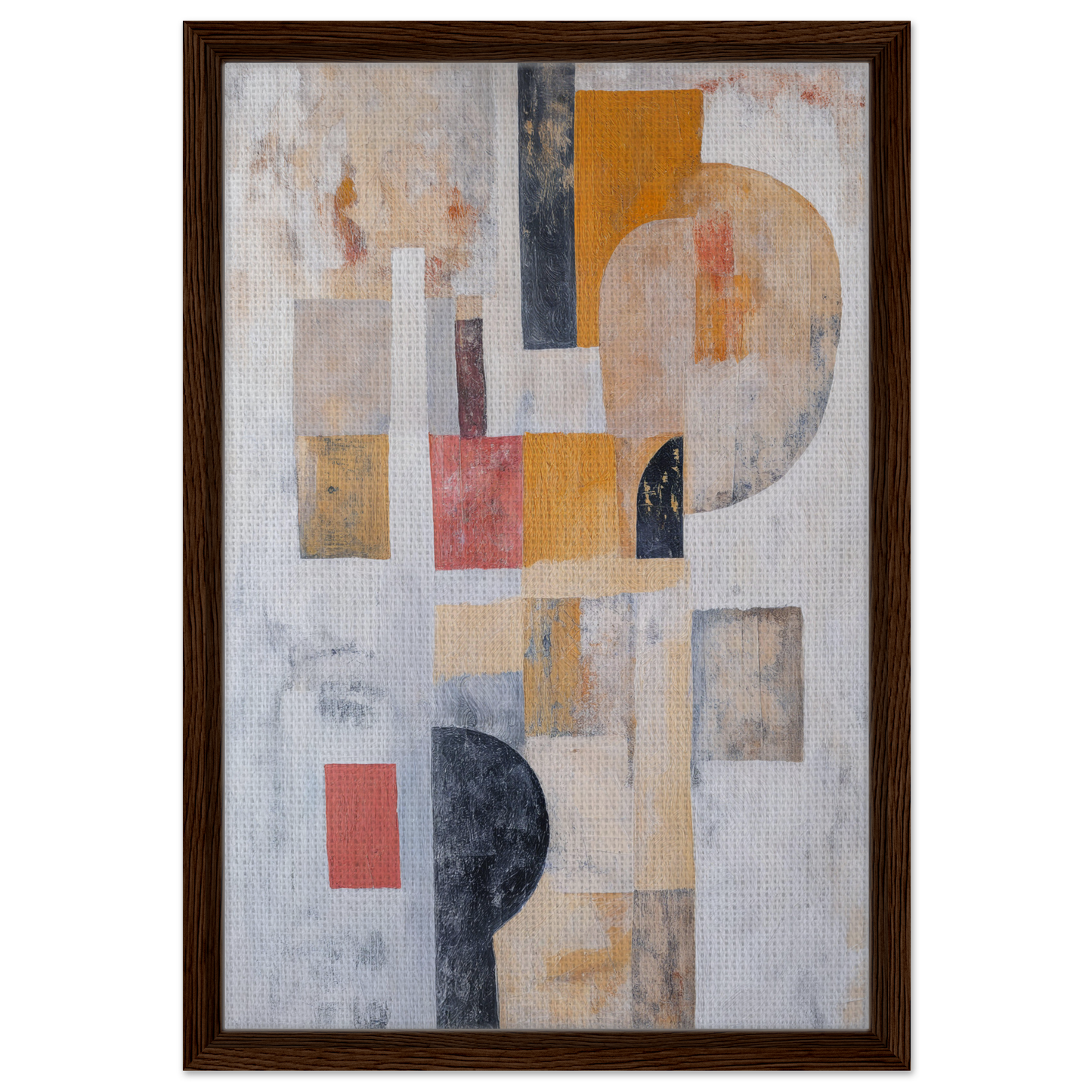 Abstract painting of geometric shapes in muted colors, part of the Geomelt Psyche Ripple framed canvas print