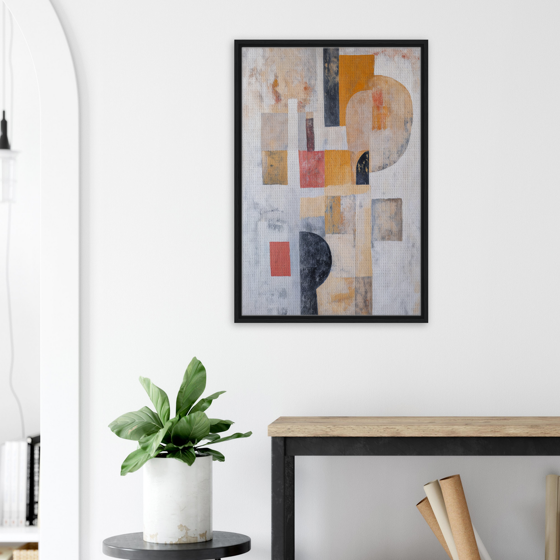 Abstract geometric painting in black frame, featured in Geomelt Psyche Ripple room decor