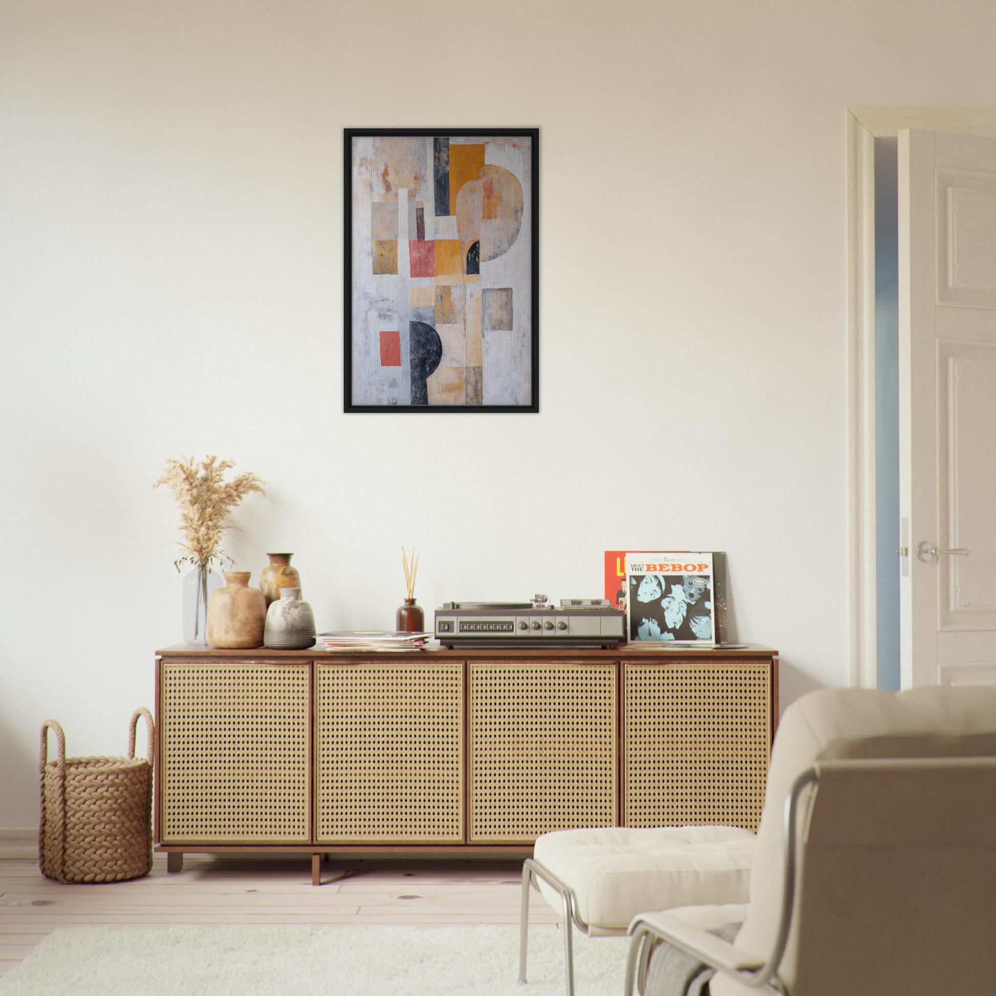 Wooden sideboard with cane-webbed doors and decorative items atop Geomelt Psyche Ripple