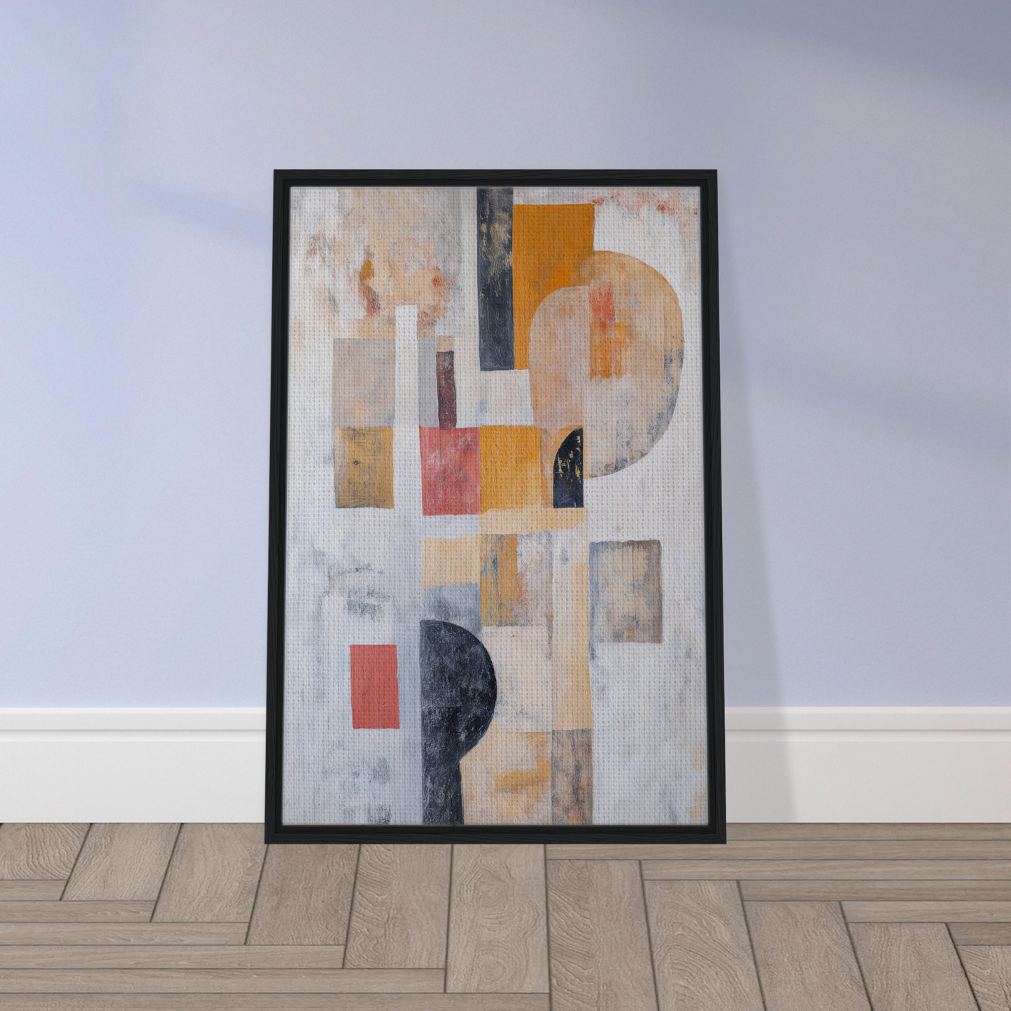 Abstract framed canvas print featuring geometric shapes in muted colors, Geomelt Psyche Ripple