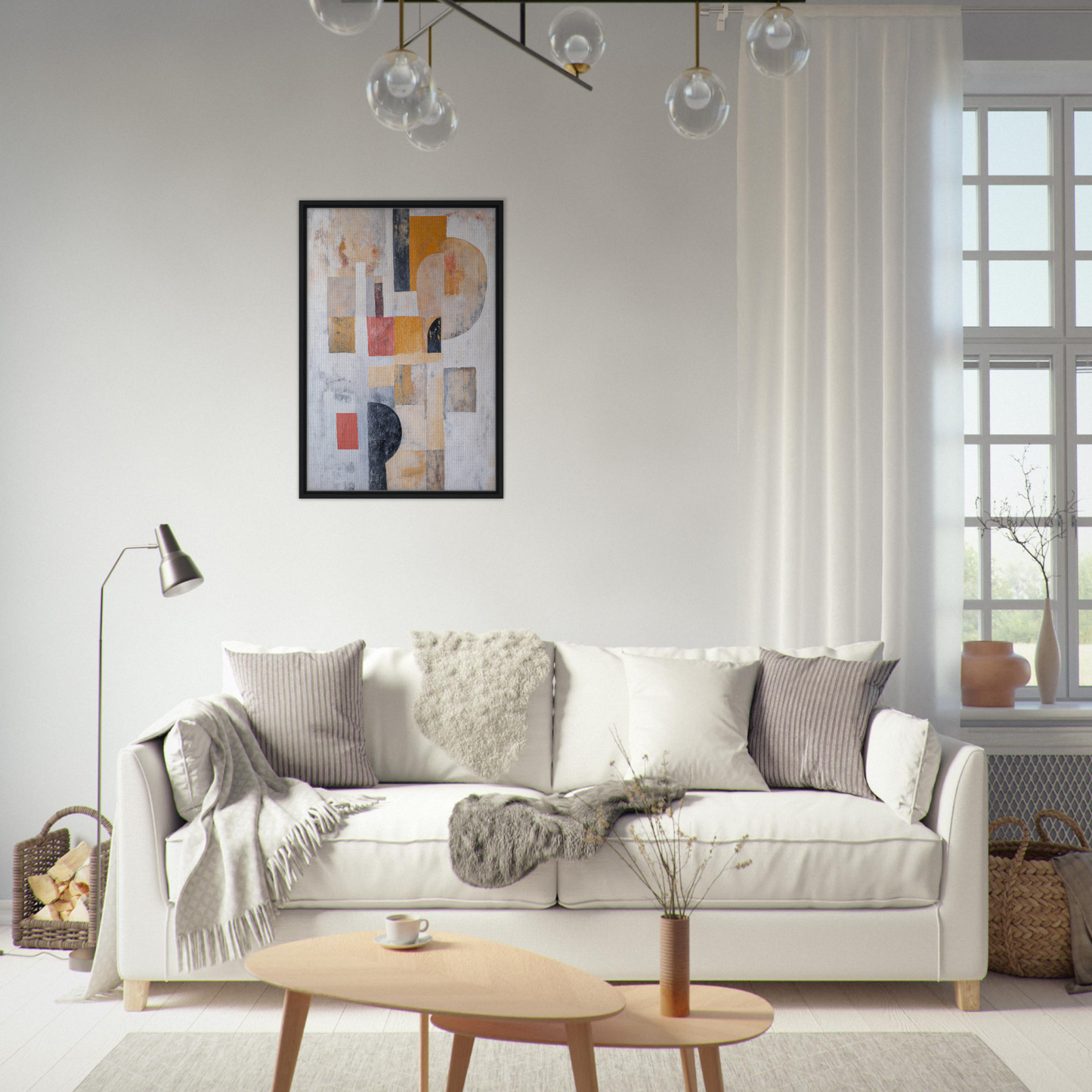 White sofa with throw pillows and blankets enhancing Geomelt Psyche Ripple room decor