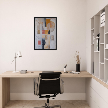 Minimalist home office workspace featuring Geomelt Psyche Ripple and framed canvas print