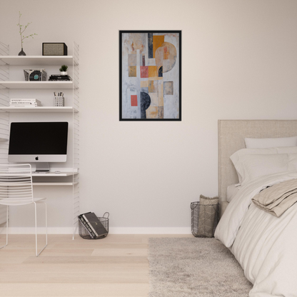 Modern bedroom with Geomelt Psyche Ripple decor, featuring minimalist elements and abstract art