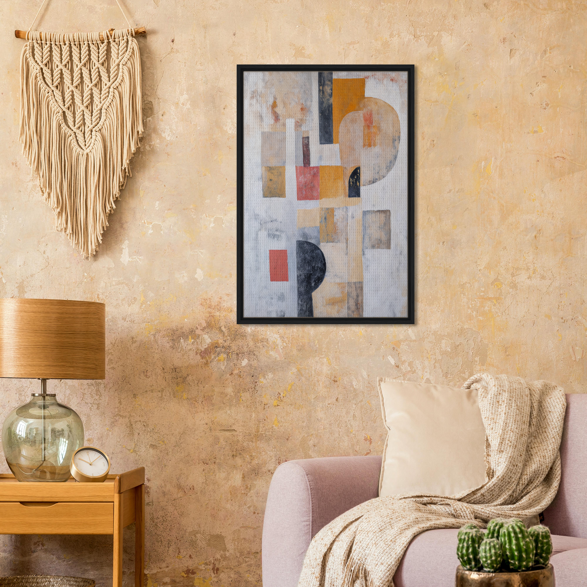 Abstract geometric painting in muted colors framed as Geomelt Psyche Ripple room decor