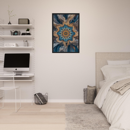 Abstract floral artwork in blue and gold tones framed as Geometric Blue Medveys