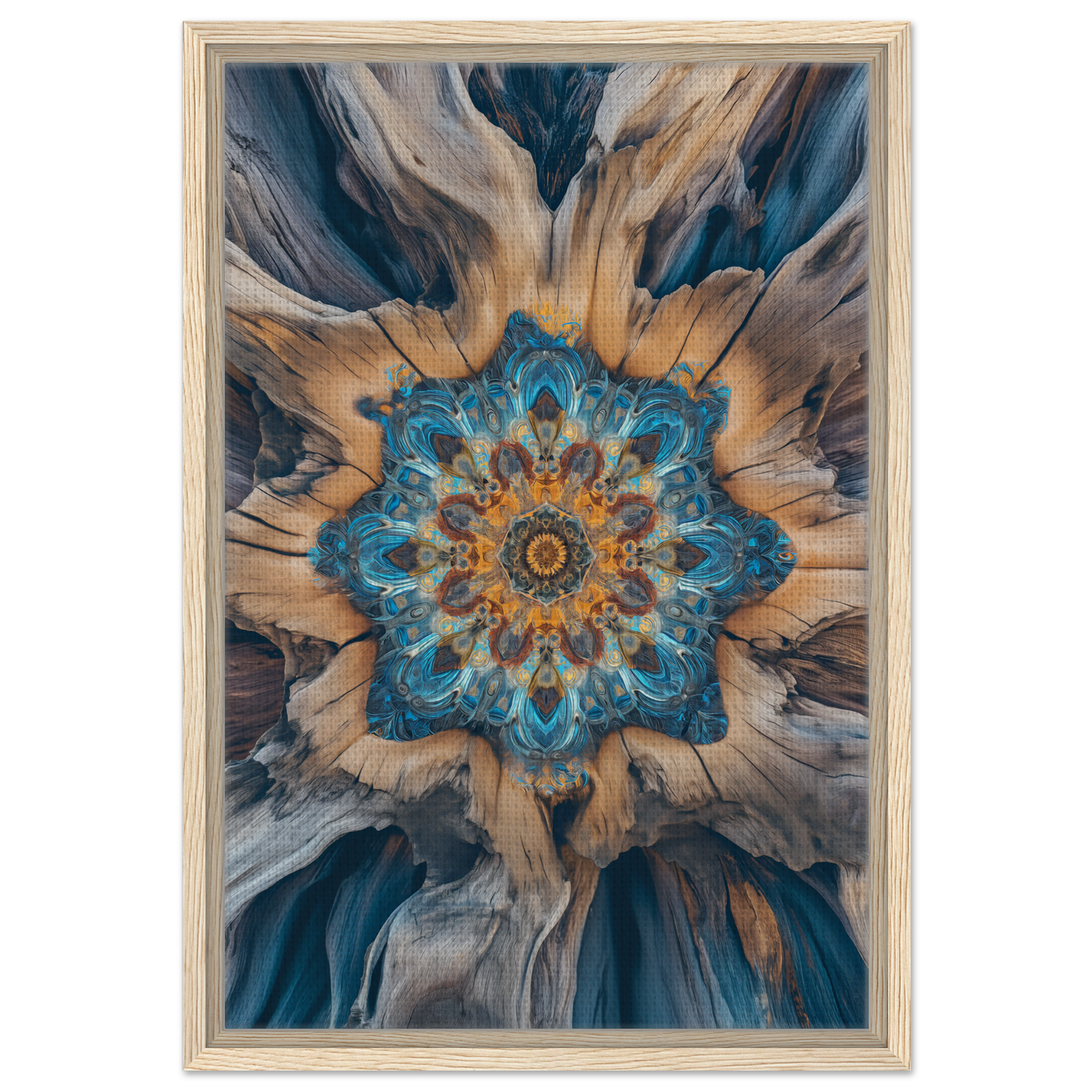 Intricate kaleidoscopic floral pattern in blues and golds, perfect for geometric Blue Medveys room decor