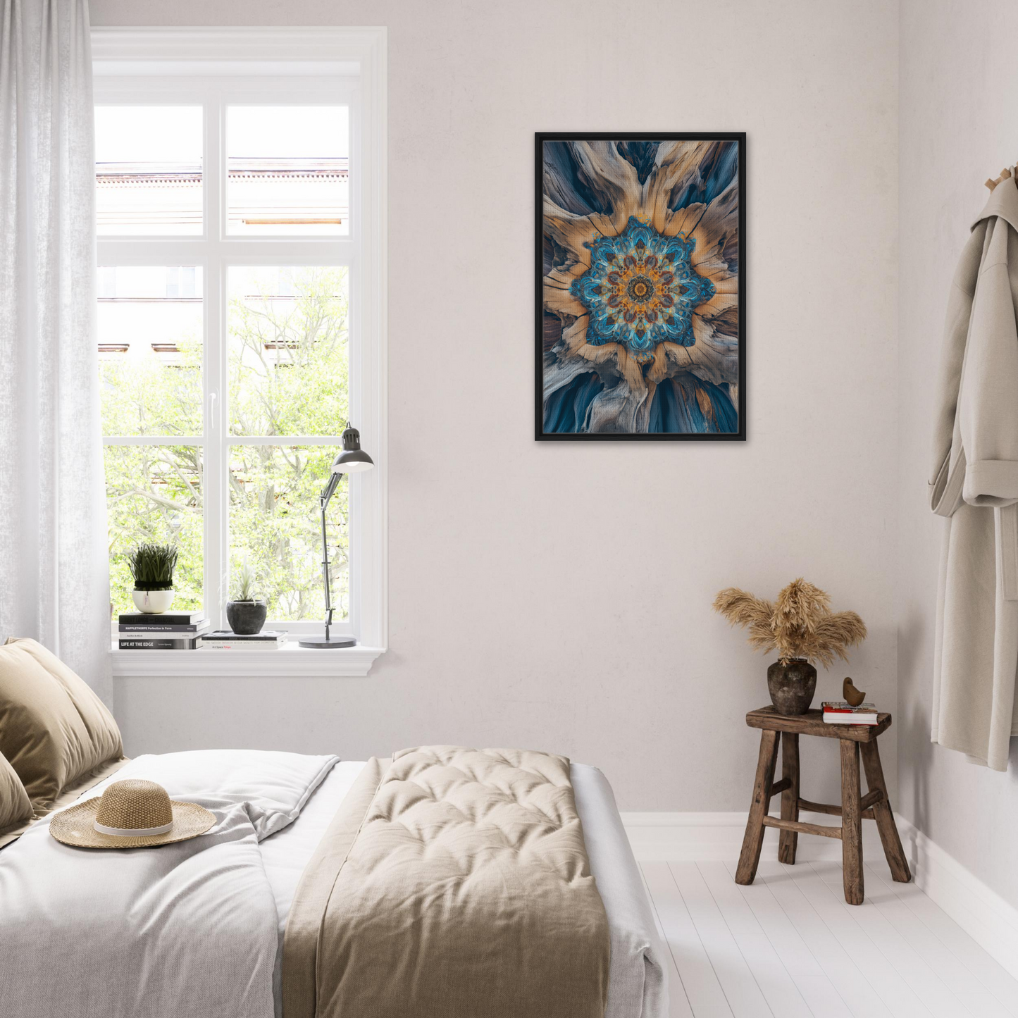 Stylish bedroom featuring Geometric Blue Medveys framed canvas print on the wall