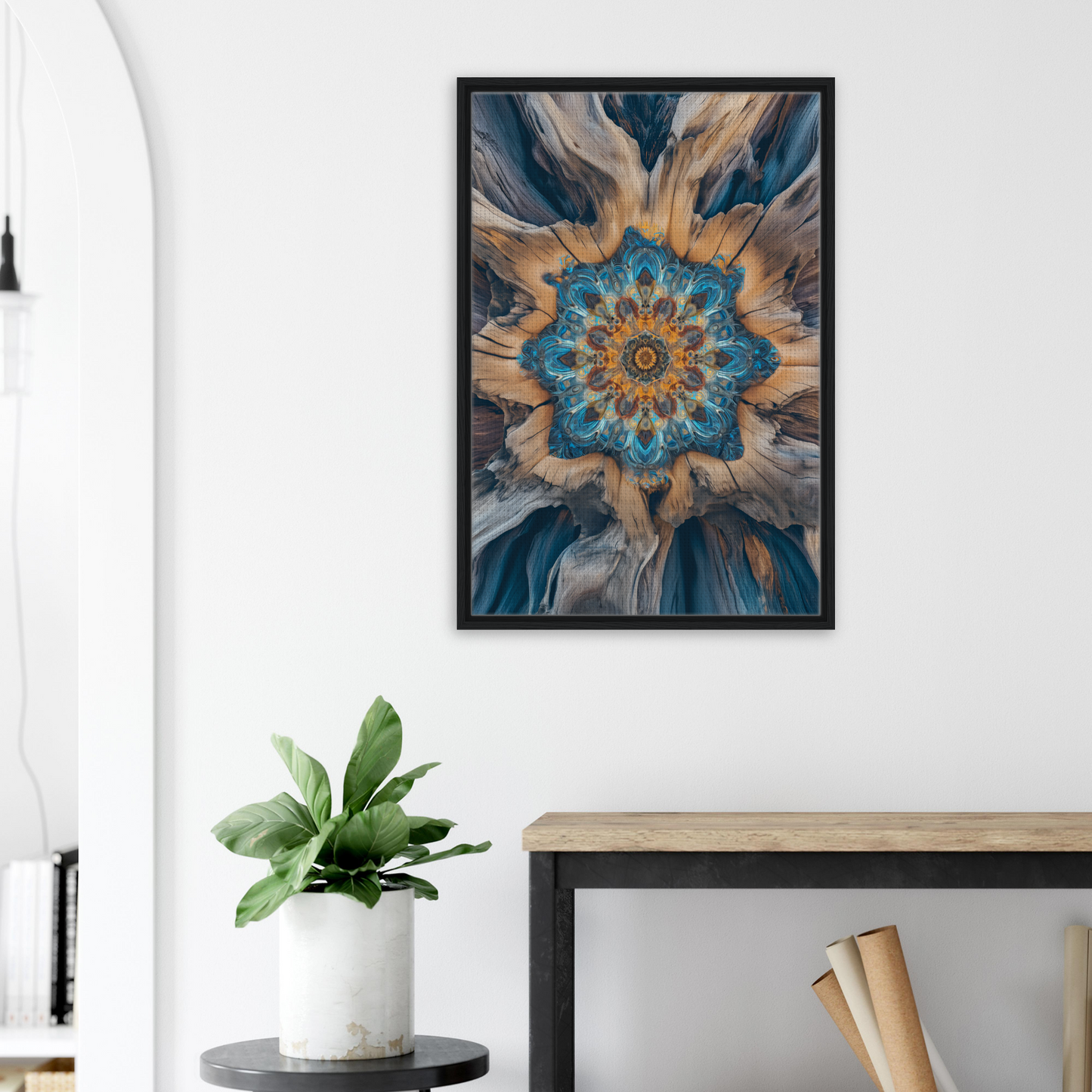 Framed abstract Geometric Blue Medveys artwork with a kaleidoscopic floral design