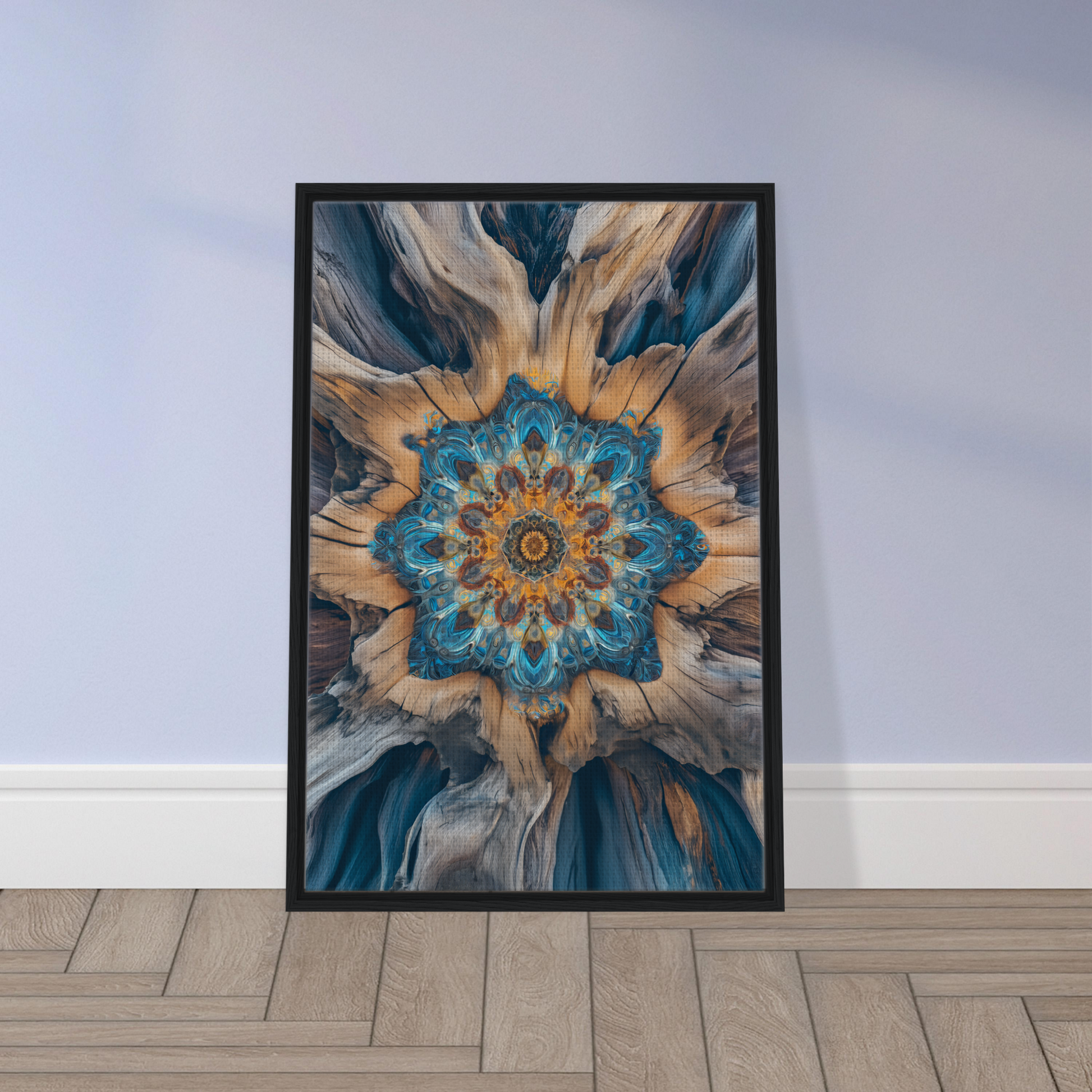 Framed canvas print of Geometric Blue Medveys with vibrant floral pattern in blue, gold, and brown