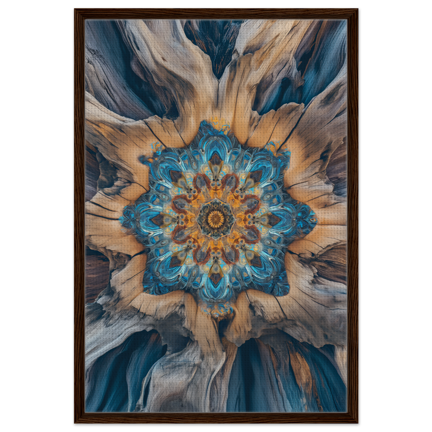 Abstract floral mandala pattern in blue, gold, and gray for Geometric Blue Medveys