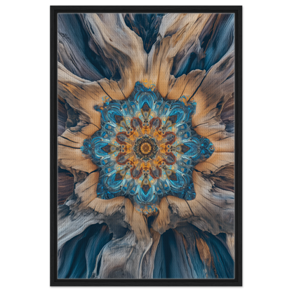 Intricate kaleidoscopic mandala pattern in blue, gold, and gray for Blue Medveys framed