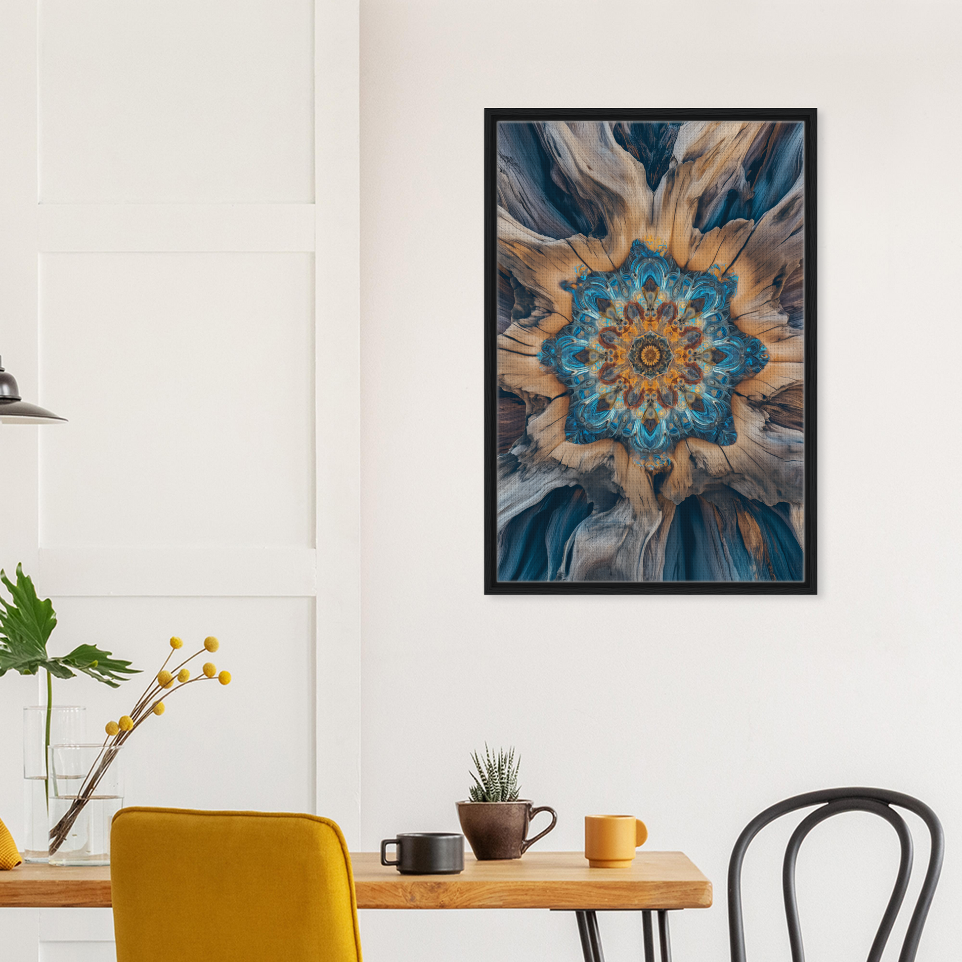 Framed abstract artwork of kaleidoscopic floral pattern in Geometric Blue Medveys