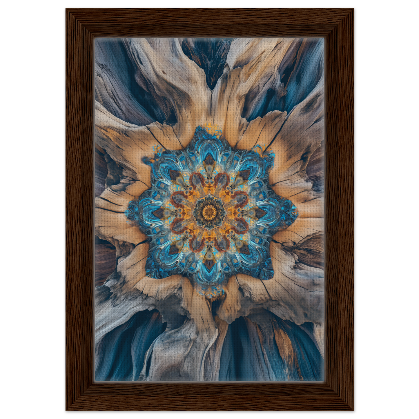 Abstract floral mandala painting in blue, gold, and gray in a Geometric Blue Medveys frame