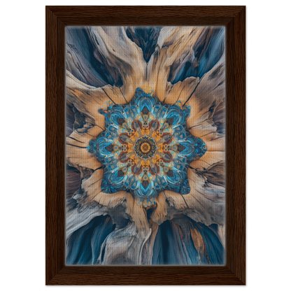 Abstract floral mandala painting in blue, gold, and gray in a Geometric Blue Medveys frame