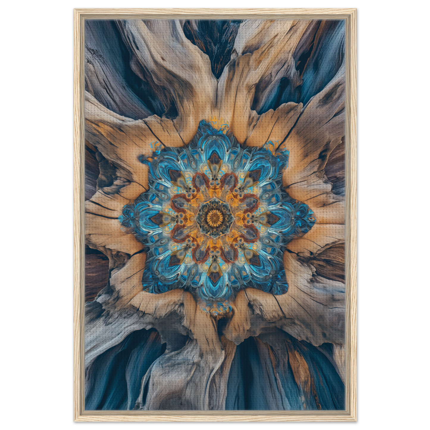 Intricate floral mandala pattern in blue and gold for Geometric Blue Medveys framed canvas