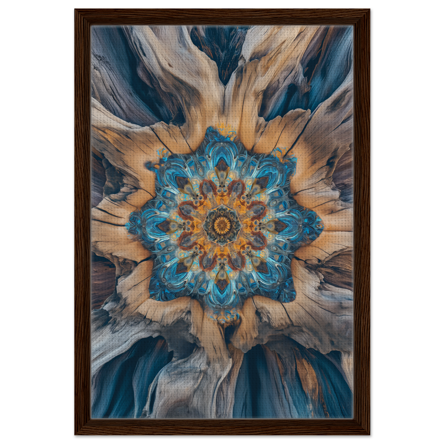 Abstract mandala floral pattern in blue, gold, and gray for geometric blue medveys decor