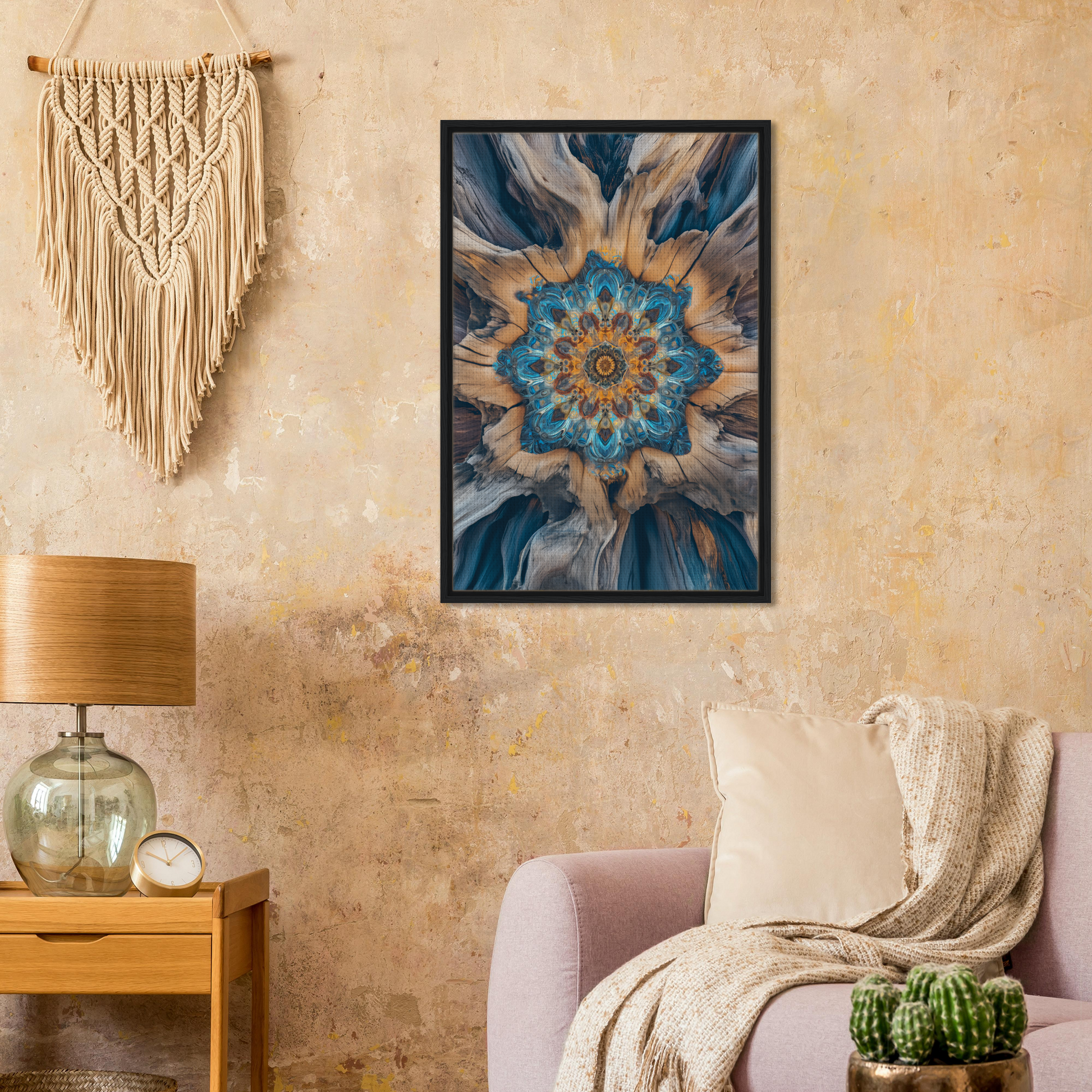 Framed abstract geometric Blue Medveys artwork with a blue and gold floral pattern