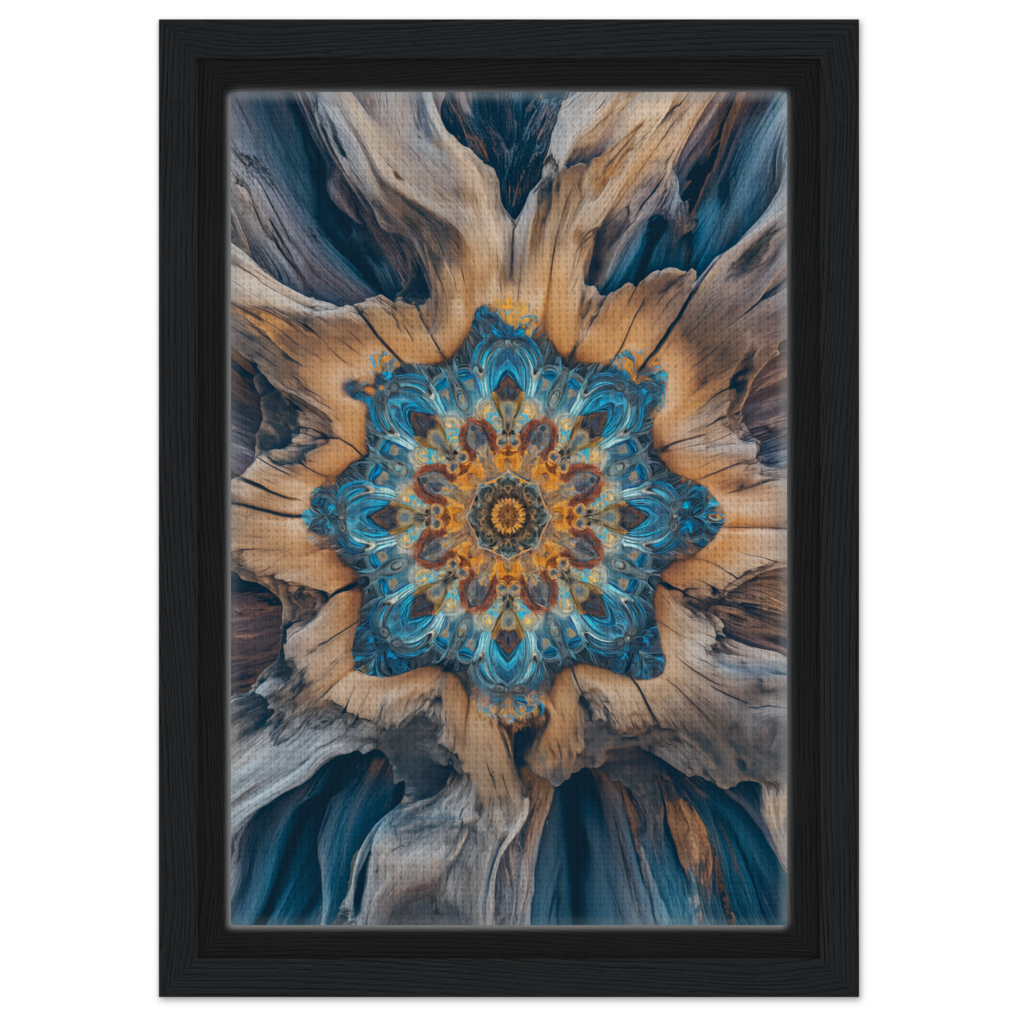 Abstract floral mandala pattern in blue, gold, and gray for geometric Blue Medveys room decor