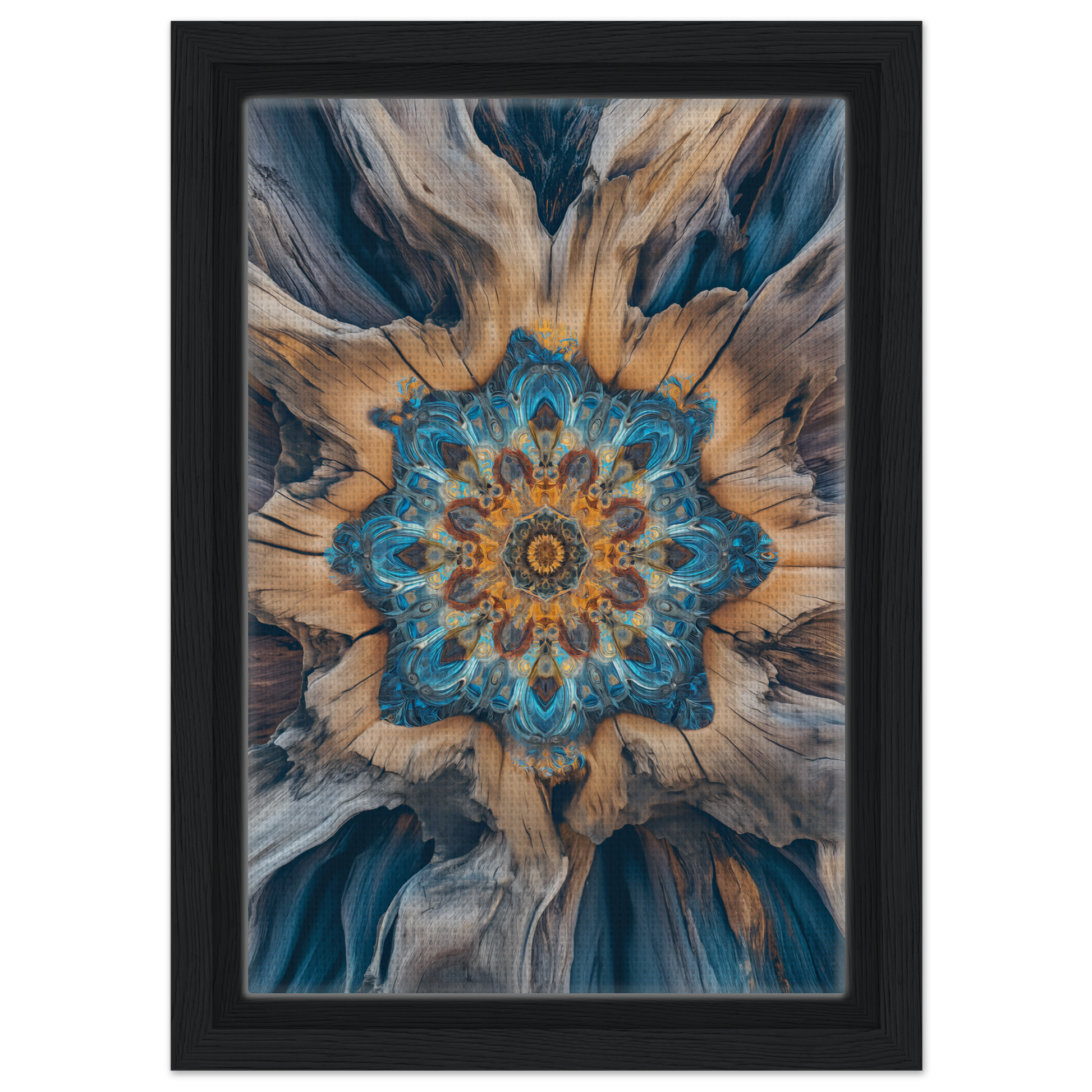 Abstract floral mandala pattern in blue, gold, and gray for geometric Blue Medveys room decor