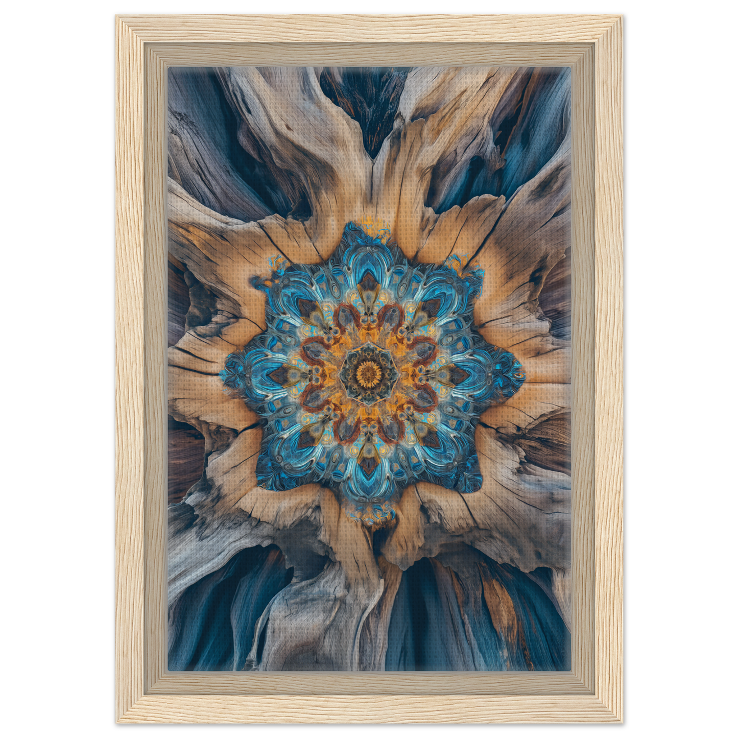 Abstract floral mandala pattern in blue, gold, and gray in Geometric Blue Medveys frame