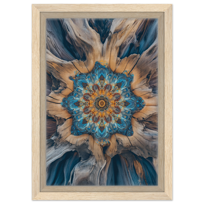 Abstract floral mandala pattern in blue, gold, and gray in Geometric Blue Medveys frame