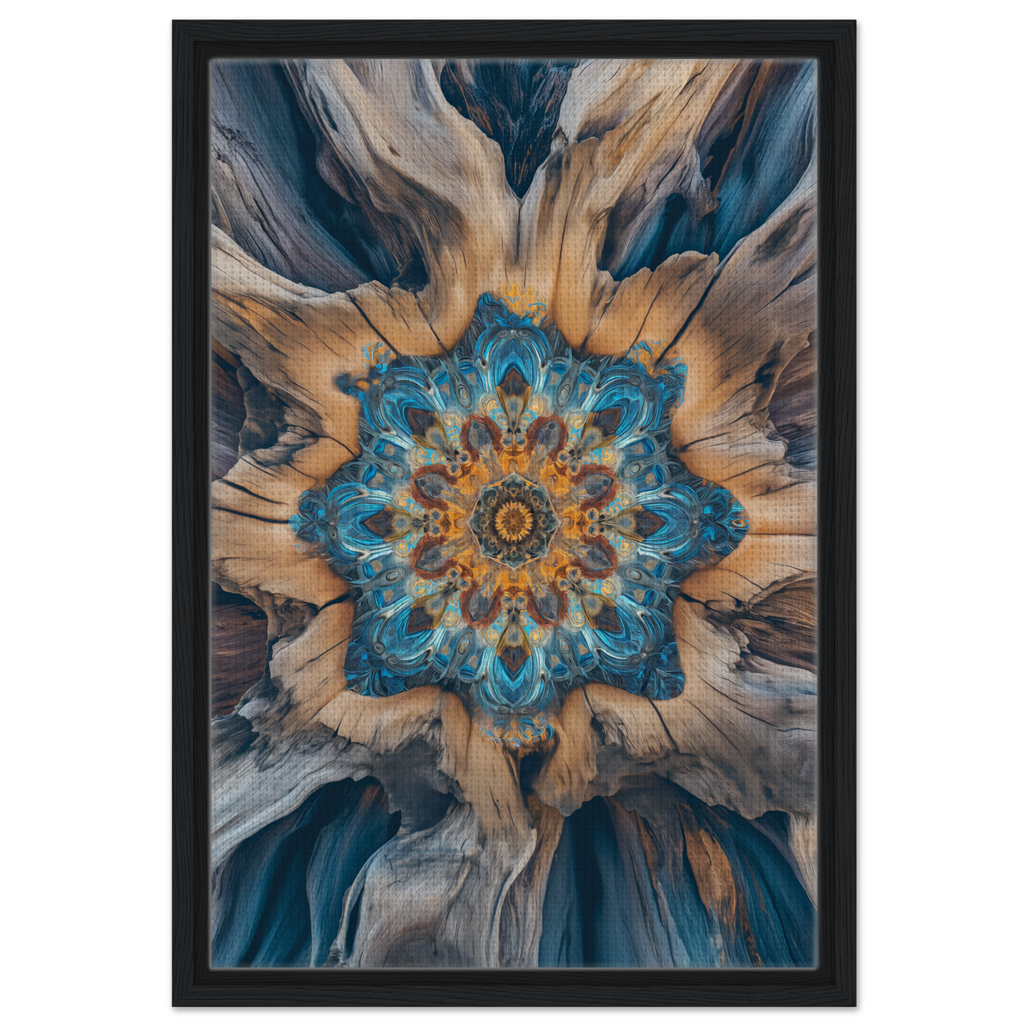 Intricate mandala floral pattern in blue, gold, and gray for Geometric Blue Medveys room decor