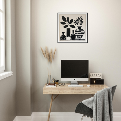 Minimalist wooden desk with iMac and Geometric Spirit Dances wall art above it