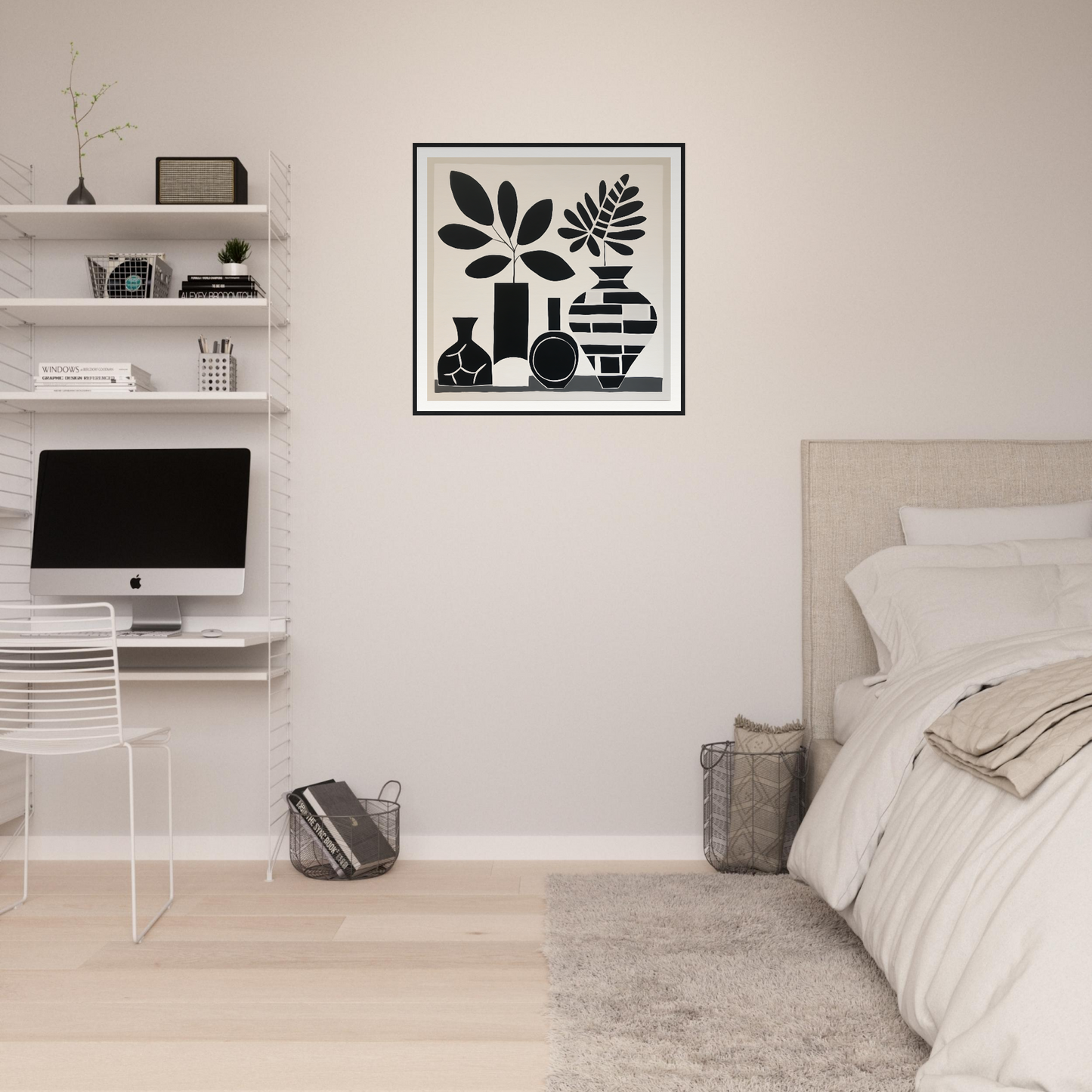 Black and white botanical silhouette in a square frame for Geometric Spirit Dances art