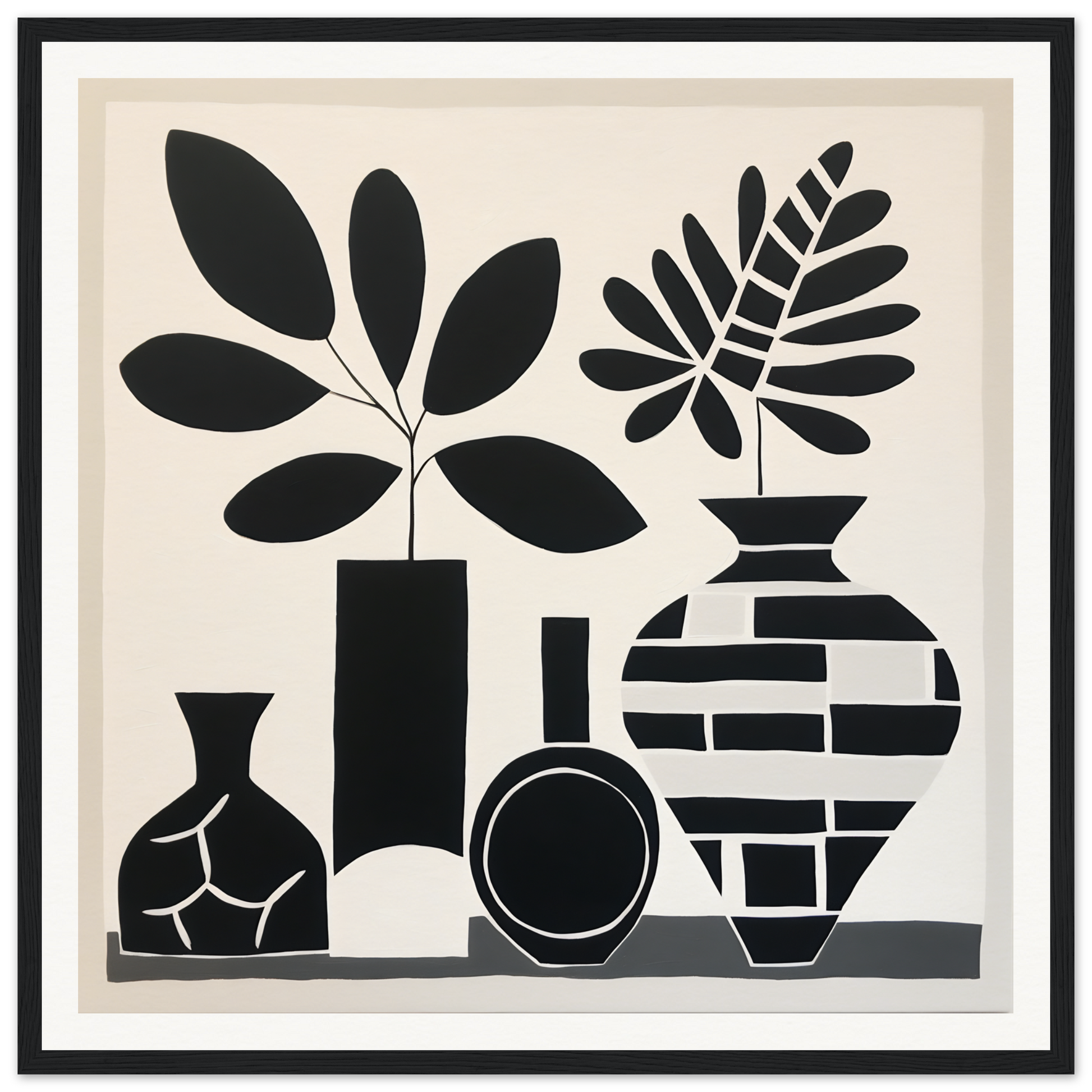 Black and white silhouette of vases and leaves from Geometric Spirit Dances art