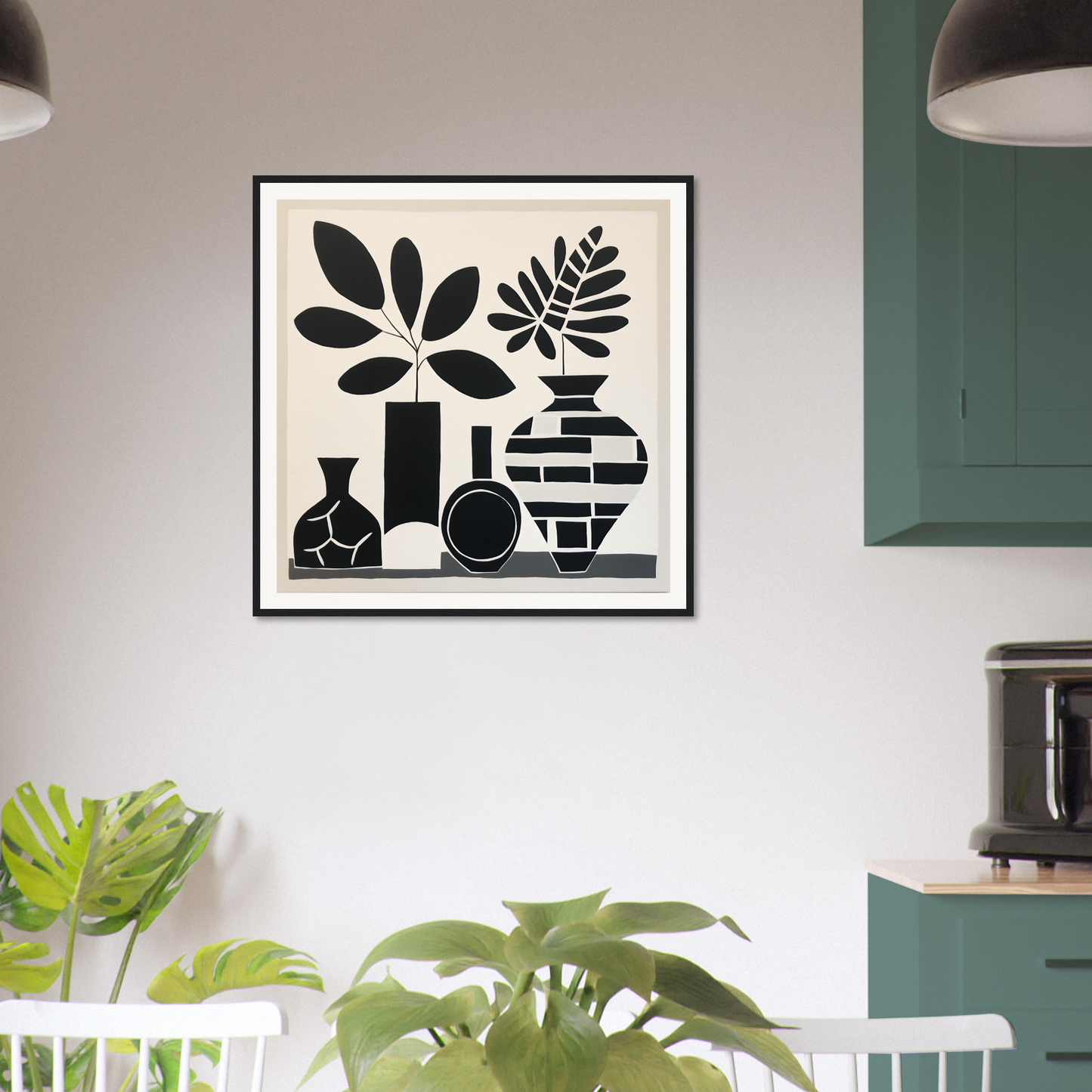 Black and white minimalist framed art print of vases with botanical leaves from Geometric Spirit Dances