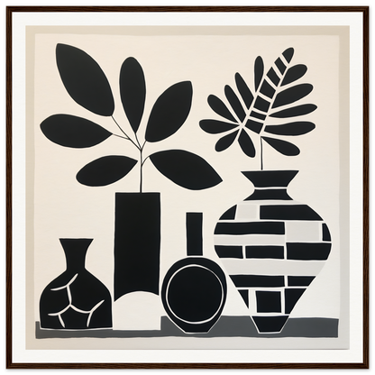 Black and white silhouette of vases and foliage in Geometric Spirit Dances art