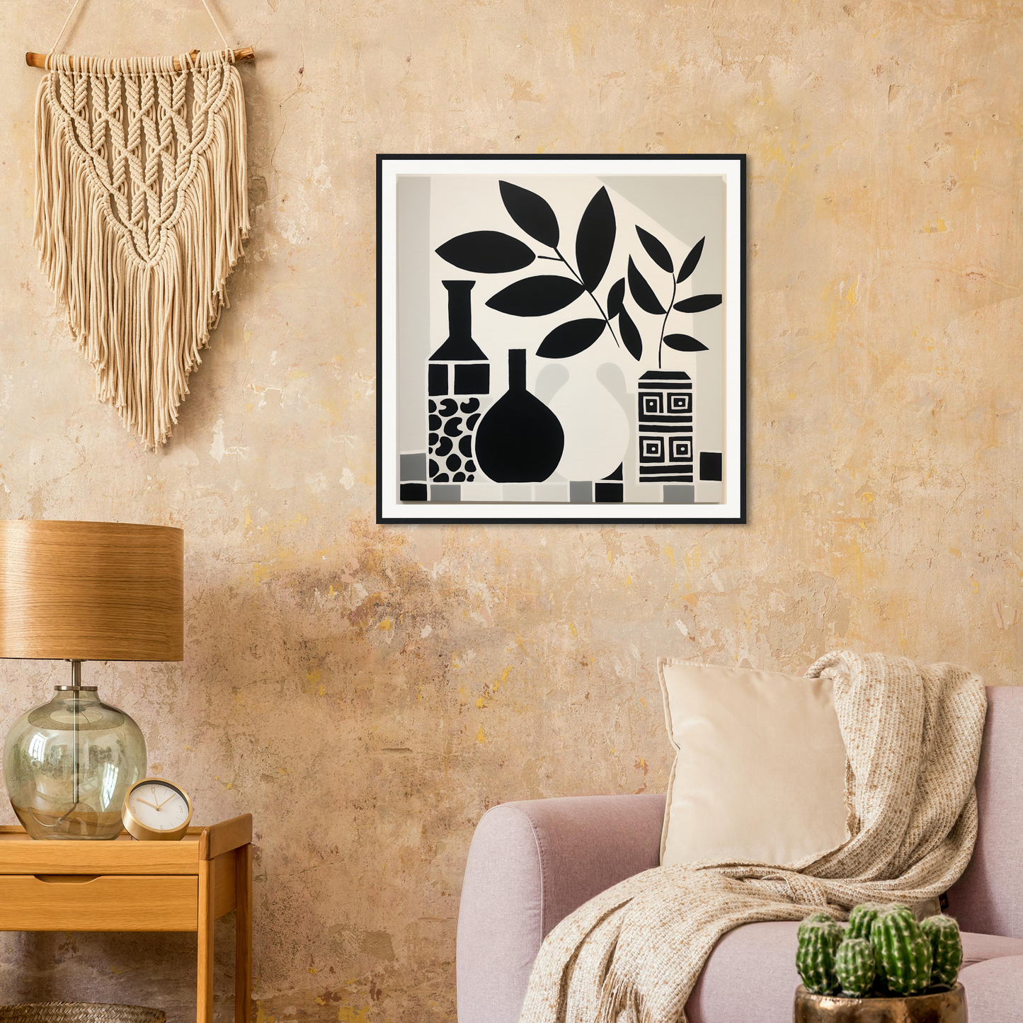 Black and white framed art of vases and leaves from Geometry’s Tranquil Dance special edition