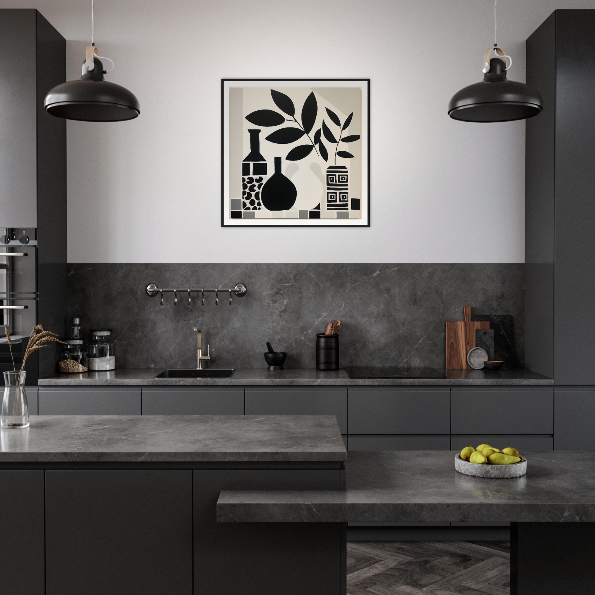 Modern dark kitchen with black cabinetry and industrial lights inspired by Geometry’s Tranquil Dance