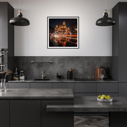 Modern dark gray kitchen with Gilded Night Dance art and industrial pendant lights