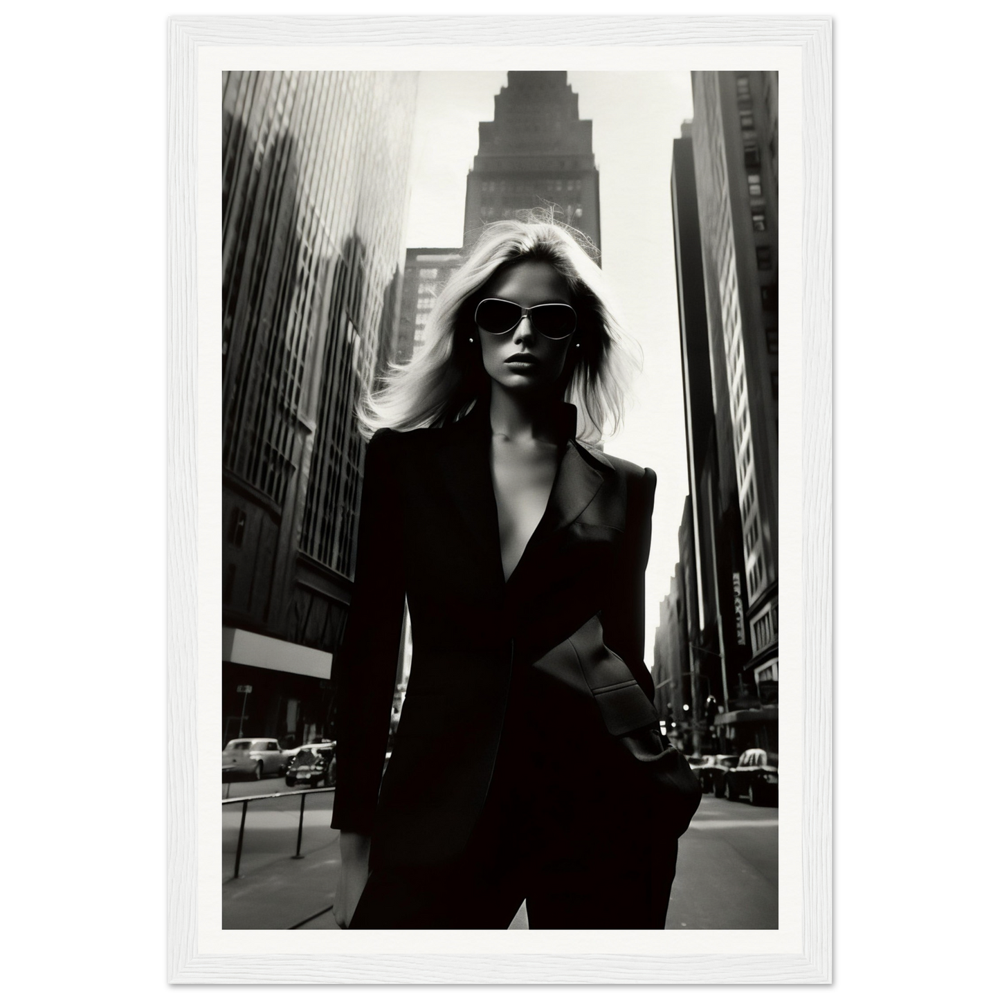 Stylish woman in a black suit and sunglasses standing confidently on a city street.