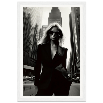 Stylish woman in a black suit and sunglasses standing confidently on a city street.