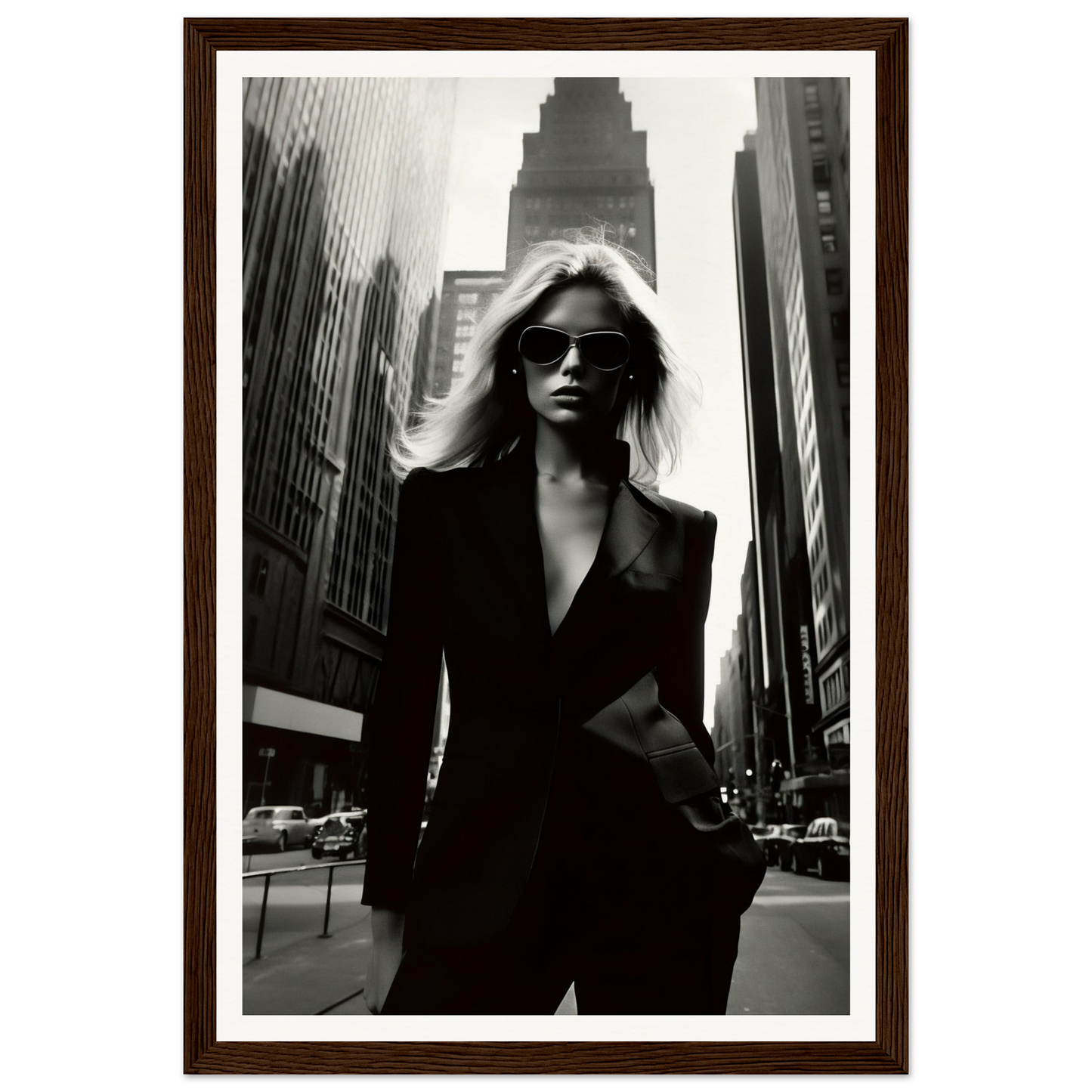 Black-and-white photograph of a woman in a dark suit and sunglasses standing on a city street.