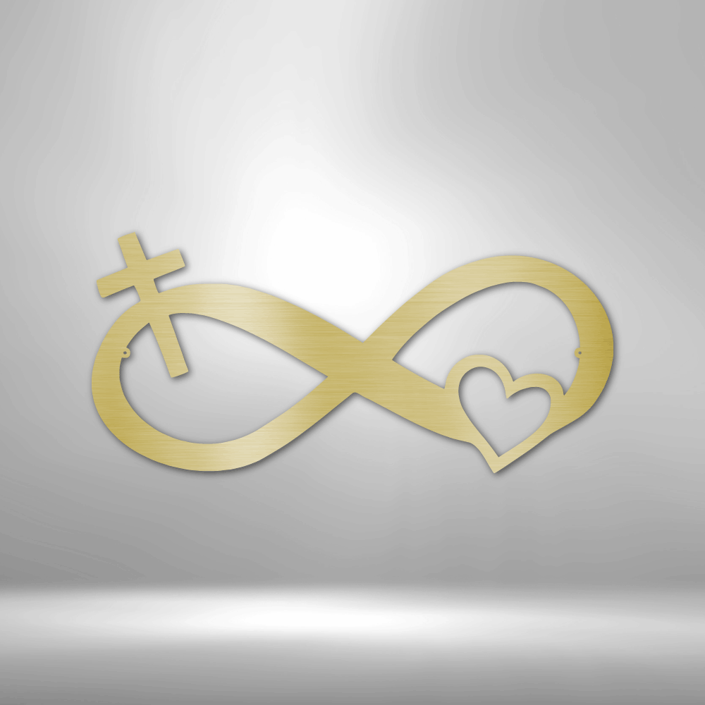 Golden infinity symbol incorporating a cross and heart.