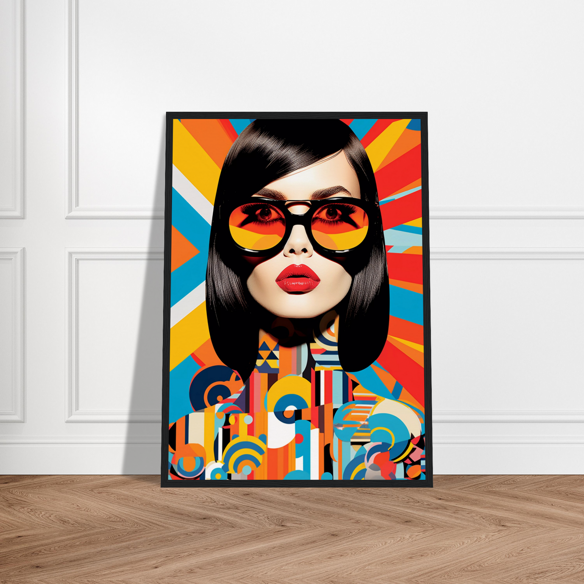 Colorful pop art style portrait of a woman wearing sunglasses with a vibrant geometric background.