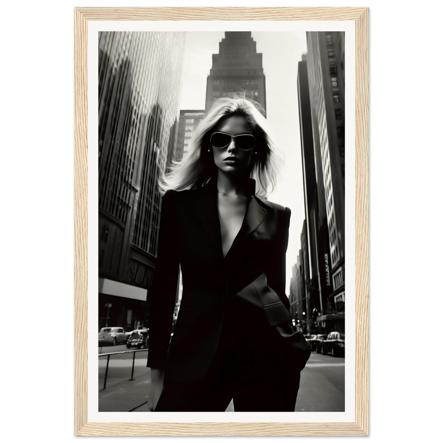 Woman in a black suit and sunglasses standing confidently on a city street.