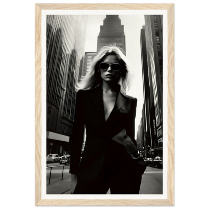 Woman in a black suit and sunglasses standing confidently on a city street.