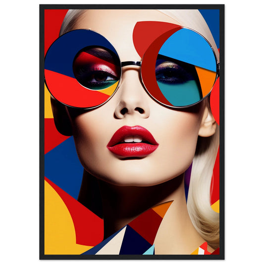 Colorful portrait featuring oversized geometric sunglasses and bright red lipstick.