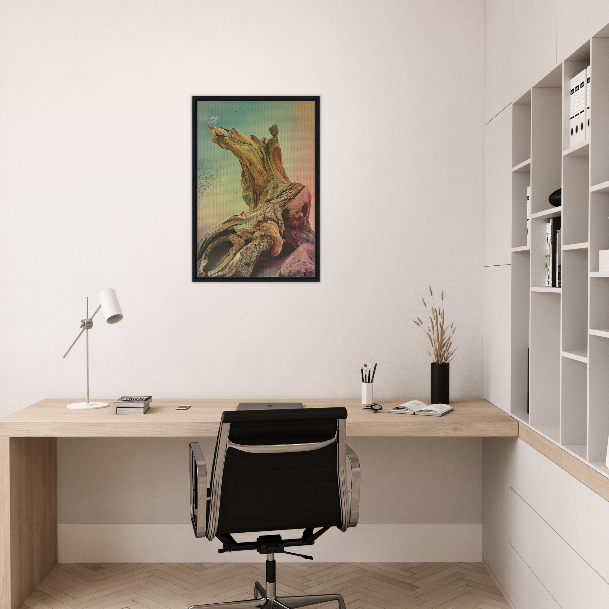 Minimalist home office workspace featuring Gnarled Daydream Echoes room decor elements