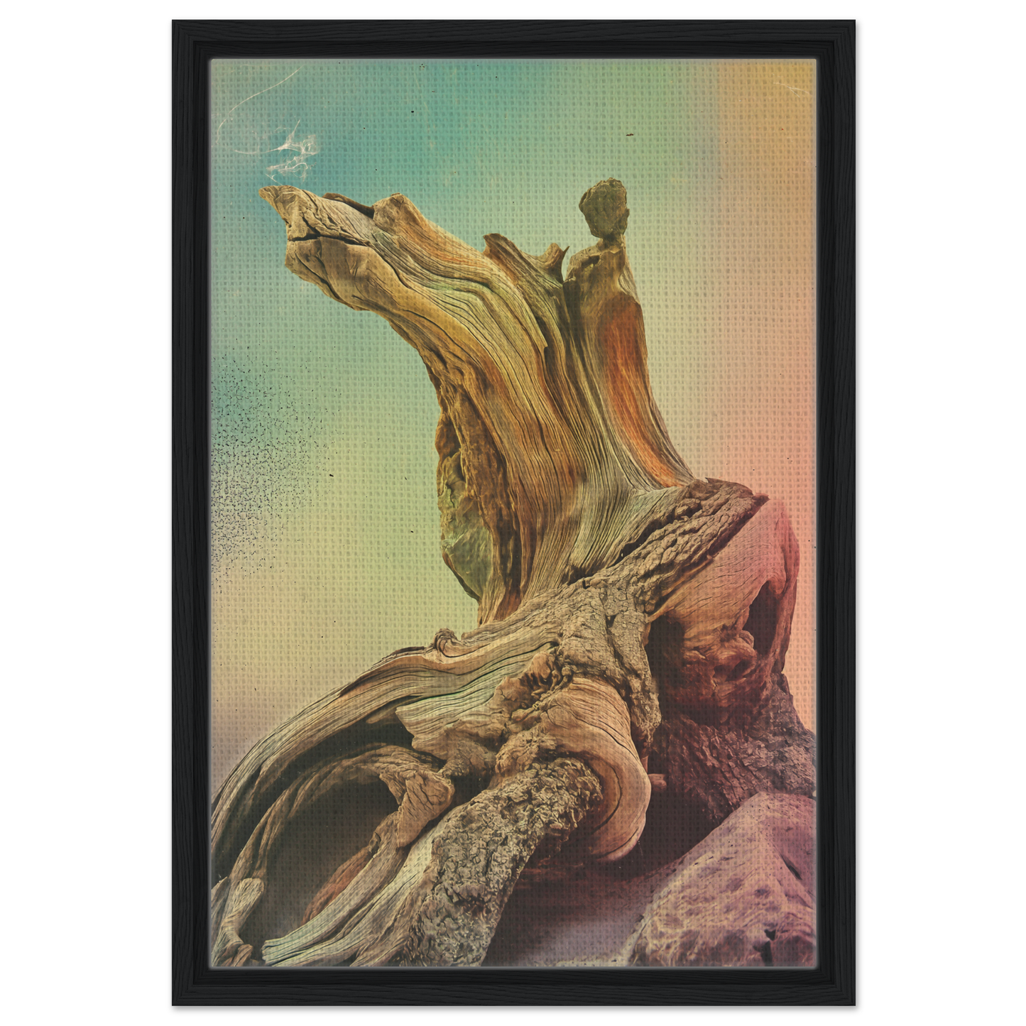 Gnarled Daydream Echoes framed canvas print featuring intricate driftwood textures